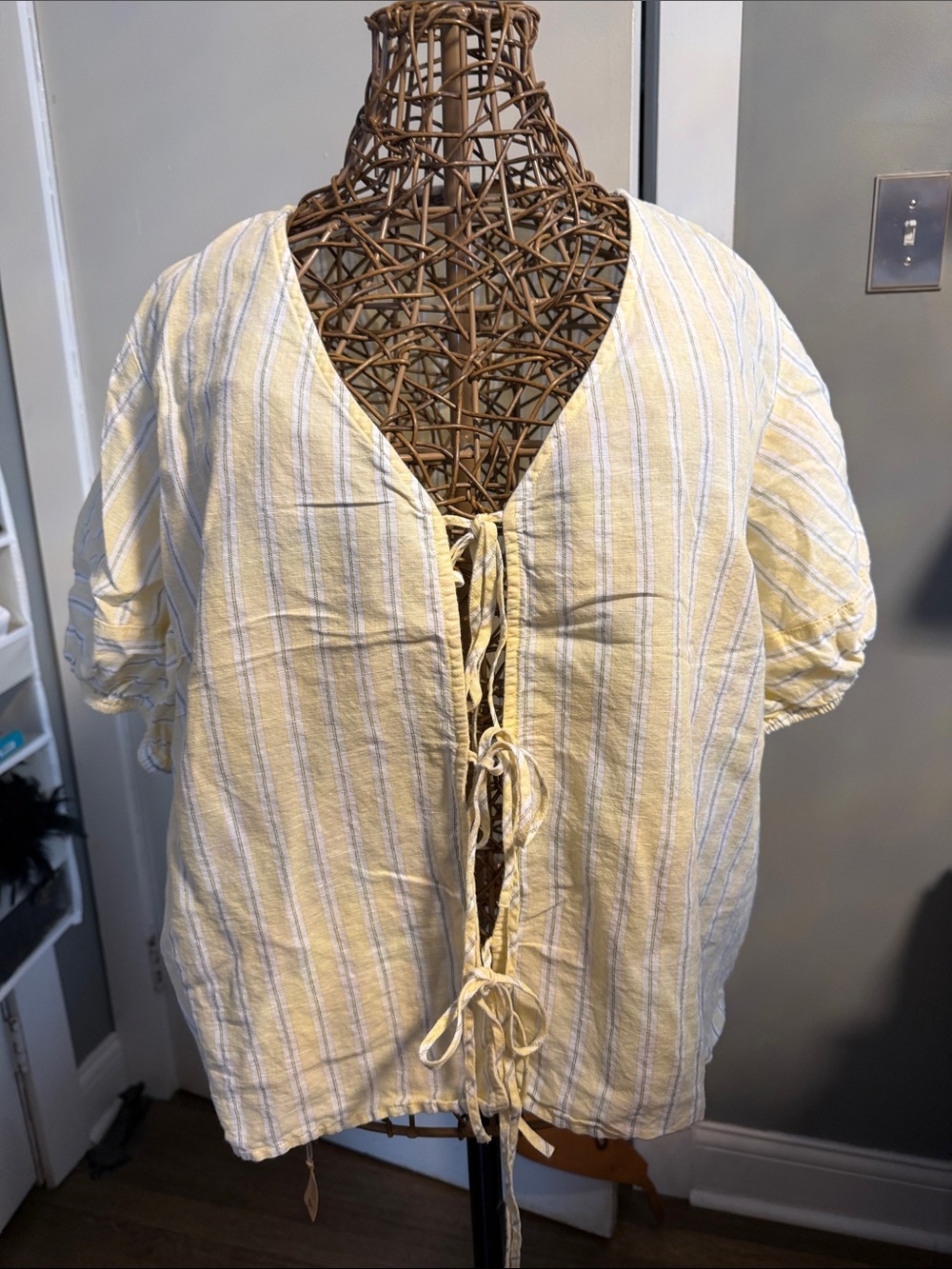 J. Crew Yellow and White Striped Linen Tie-Front Top